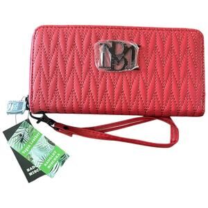 Badgley Mischka Vegan Leather Red purse wallet zig zag quilting phone pocket NWT